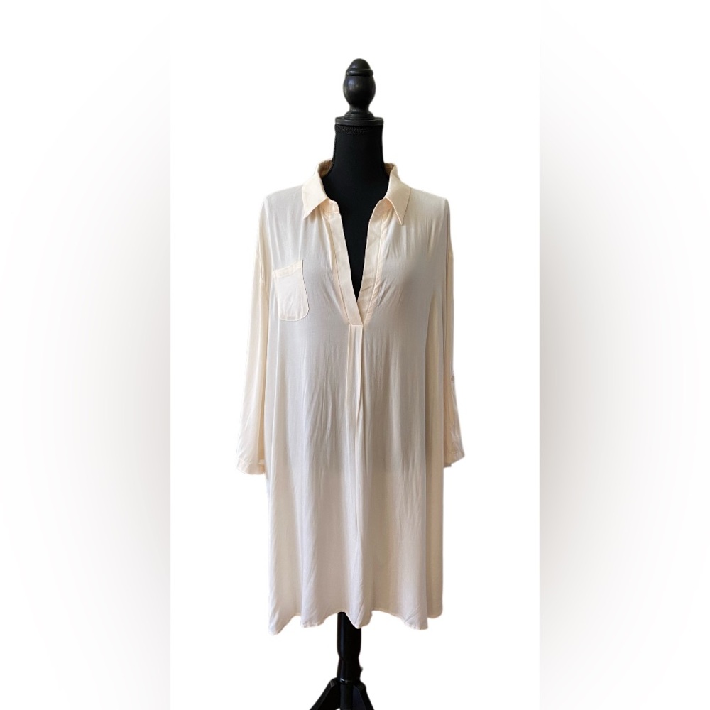 Ekouaer: Cream Rayon Chemise with Plunging V-Neckline and Mid Roll Tab Sleeves